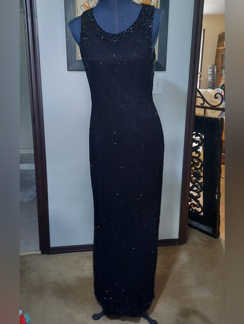Lawrence Kazar Sleeveless Black Beaded Floor Length Dress Size Large